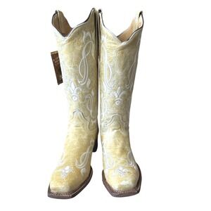 Yadira Semental NWB SZ7 Crater Rusica Beige Yellow Embroidered Sq Toe West Boots